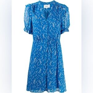 ba&sh Matcha Dress Blue Floral Viscose Chiffon Button Front Ruffle Sleeve Lined